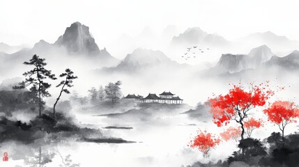 Misty Mountain Landscape with Cherry Blossoms