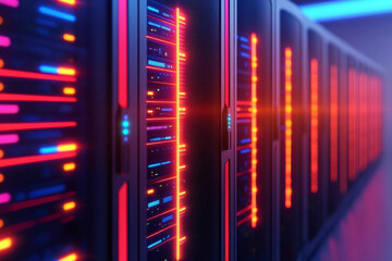 High tech server room with illuminated racks showcasing vibrant lights and advanced technology