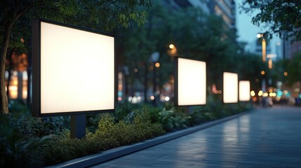 Fototapeta premium Empty illuminated advertising billboards at night in a city street