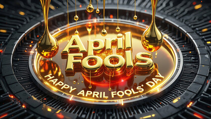 Naklejka premium Golden “April Fools” text is encircled by a futuristic black grid with dripping gold effects, enhancing the high - tech prank theme.