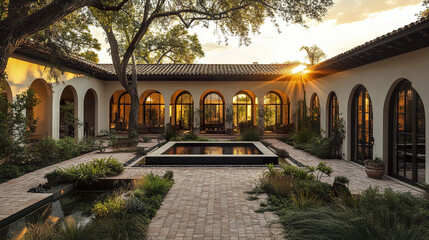 Courtyard centered house with arched windows and sunlit ambiance