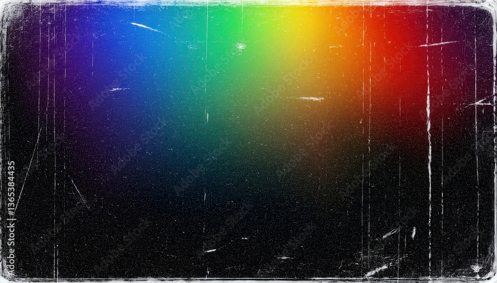 Poster grunge textured abstract background with a colorful gradient light leak effect, featuring rainbow hu