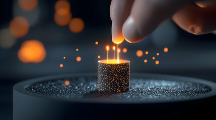 Hand Touching Glowing Cylinder with Sparks in Dark Setting