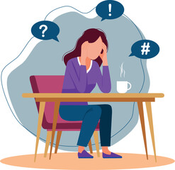 Flat Design Vector Illustration of a Woman with Anxiety Syndrome or Stress, Depicting Mental Overload, Overwhelmed by Thoughts and Worries, Seeking Mental Clarity