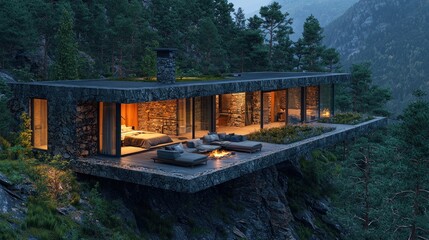 Obraz premium Mountaintop Modern Cabin with Outdoor Fire Pit at Dusk