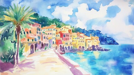 Fototapeta premium Watercolor Coastal Village 