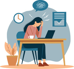Flat Design Vector Illustration of a Woman Stressed with Work Overload and Deadline Pressure, Depicting Job Anxiety, Overwhelmed with Tasks and Time Constraints