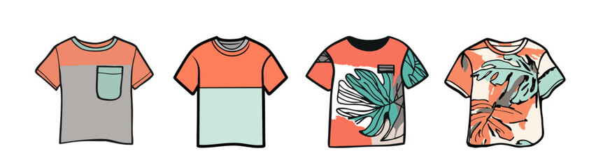 Collection of illustrated t-shirts featuring tropical patterns and vibrant colors