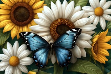 A cheerful seamless pattern featuring smiling sunflowers, daisies, and butterflies in a springtime theme