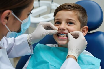 dentist examining a young boy’s teeth, promoting children’s dental health and preventive care