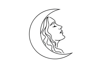 Crescent Moon Woman Mystical Art Line Drawing Design Graphic