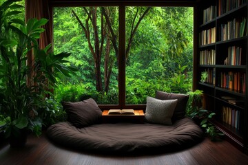 Fototapeta premium A cozy Bohemian reading nook, with floor cushions, a wooden bookshelf, and soft sunlight filtering through lace curtains