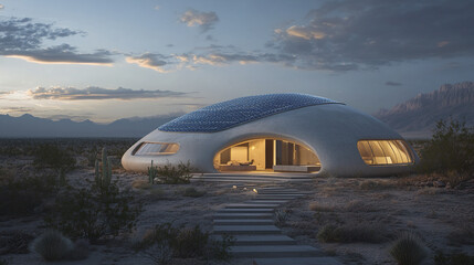Dome shaped desert house with solar panels at dawn, serene atmosphere