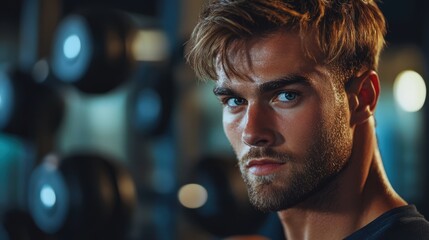 Fototapeta premium Attractive Young Man Intense Gaze Fitness Portrait Studio Shot