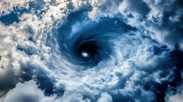 Large- swirling tornado in the sky with dark blue and white clouds. The vortex is seen from above as it makes its way through the air.