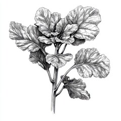 Hand-drawn sketch of mustard greens, fine pencil strokes, botanical illustration style, intricate leaf details, black and white