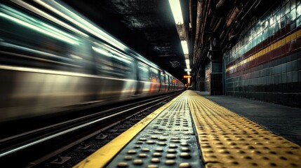 Obraz premium A fast moving subway train passing through a dim station
