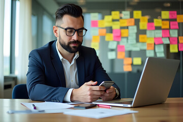 A professional office scene features a man with glasses, smartphone, and laptop, surrounded by papers, a glass wall with handwritten notes, and a bright, modern atmosphere.