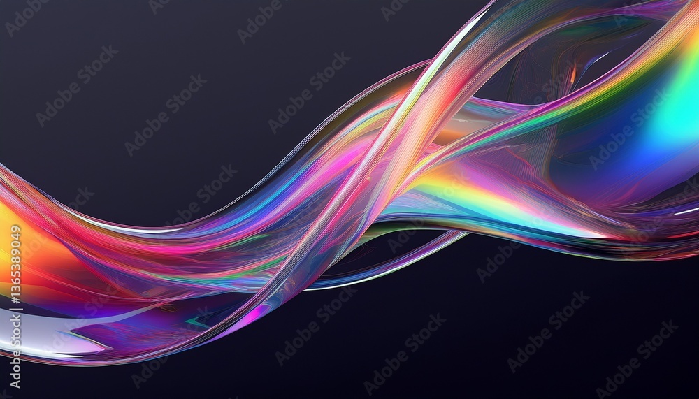 Poster 3d abstract liquid glass transparent clear ribbon wave line render. rainbow fluid flow curve