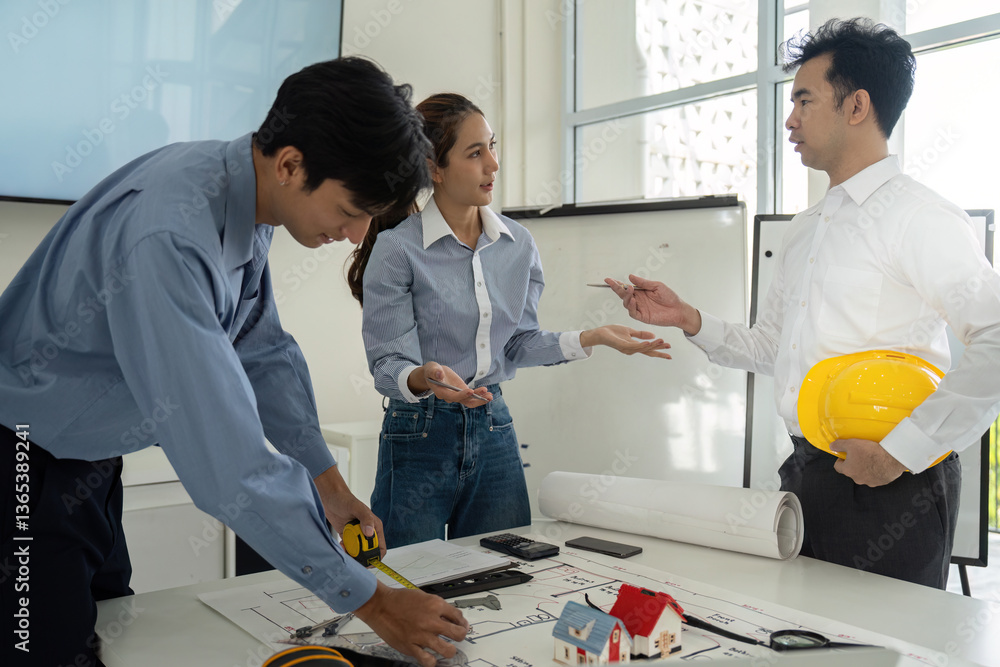 Aufkleber communication and design. a team engages in dialogue around an architectural plan, discussing featur