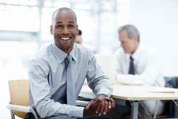 Portrait, smile and business man in meeting for private equity consultant, company buyout and...