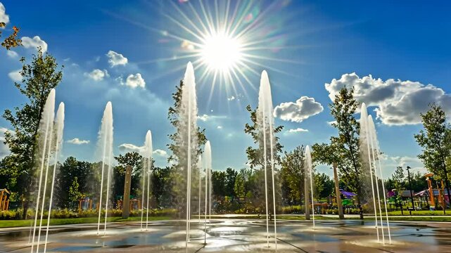 A sparkling splash pad with fountains spraying water under the sun