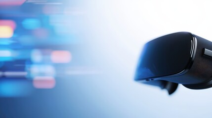 Sleek Black Virtual Reality Headset Against Blurred Background of Vibrant Digital Data Streams Symbolizing Innovation