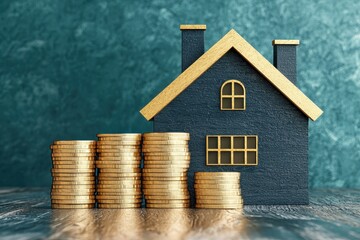 A stylized house model next to stacks of gold coins, symbolizing real estate investment and financial growth.