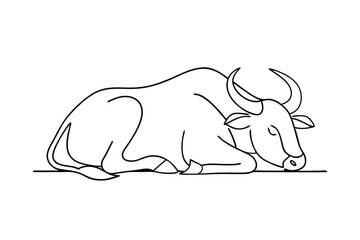 Resting Bull, Line Art, Simple Drawing, Bovine, Cattle, Animal, Farm, Illustration, Black and White,