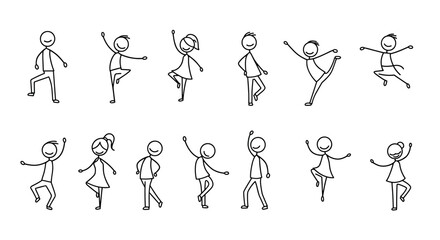 Stick figures in various playful poses. Line art white background.