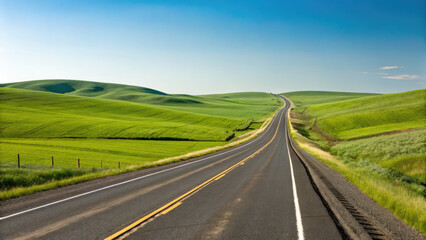 A smooth two-lane highway winding through rolling green fields under a clear blue sky, creating a tranquil, scenic drive with a limitless sense of exploration.