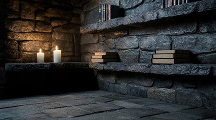 A dimly lit room with a stone fireplace and bookshelves.