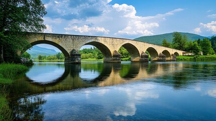 Fototapeta premium Serene Reflections: Classic European Bridge Over Tranquil River