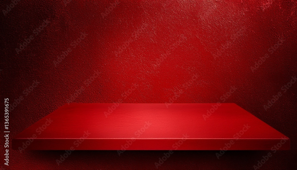 Poster empty red background and stand display or shelf with studio for showing or design christmas