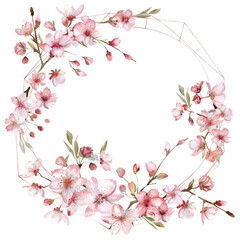 Floral wreath with pink flowers and buds. Watercolor image, white border, botanical art, springtime nature, vibrant colors, delicate branches, romantic painting, isolated design. Circle frame. AIG56.