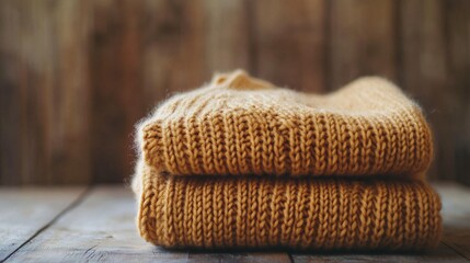 Rustic Coziness - Neatly Folded Knitted Sweater on Wooden Table