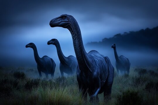 A group of Parasaurolophus moving through a foggy swamp, their echoing calls filling the air