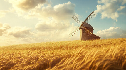 Fototapeta premium rustic windmill stands in golden wheat field under cloudy sky