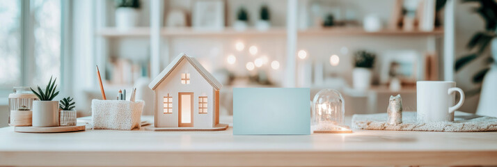 Concept Home Decor: Cozy arrangement featuring a model house, plants and mug for sale promotions, home staging mockups or real estate showcase.