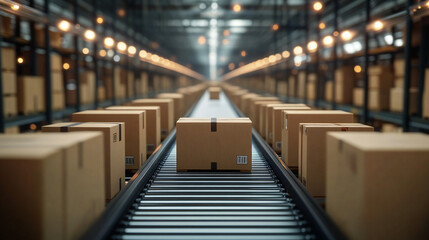 Fototapeta premium Highly Detailed and Realistic Convoy Belt of Cardboard Packages without Logo on White Background