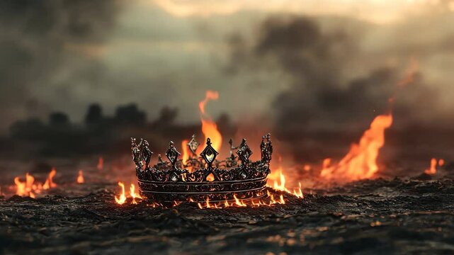 A royal crown lies in flames on a dark, scorched battlefield, symbolizing lost power, war, or fallen empires under dramatic skies.