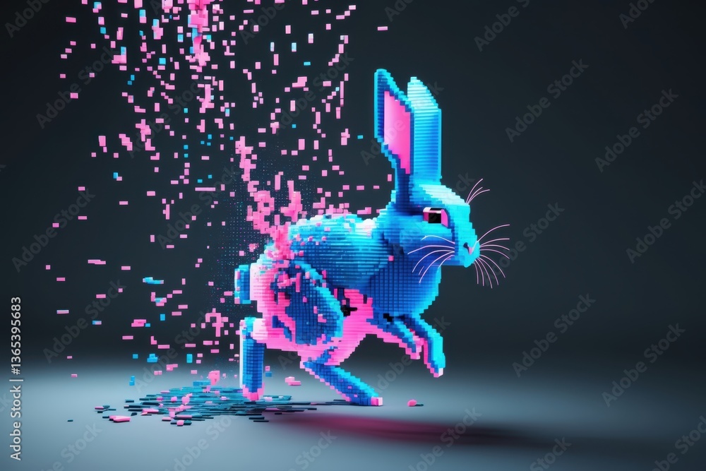 Fototapete a vibrant 3d representation of a rabbit emerging from a burst of colorful pixels, creating dynamic m