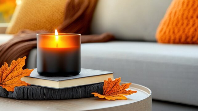 Cozy autumn scene with a lit candle, books, and leaves.
