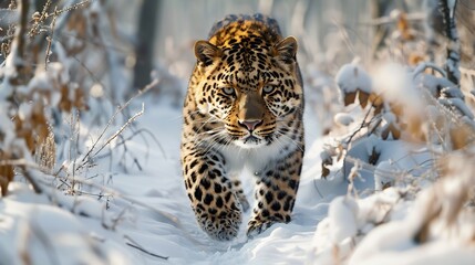 Majestic Amur leopard prowling through dense snowy forest of Russian Far East rare golden spotted coat blend into frost covered tree symbolizing beauty fragility of critically endangered specie