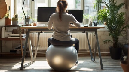 A professional sitting on an exercise ball at their workstation for better posture.