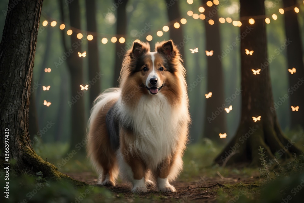 Poster a fluffy collie dog standing in a forest surrounded by softly glowing string lights and floating but