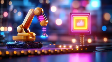 Futuristic Robotic Arm Interacting With Colorful Data Display in a Glowing Tech Environment