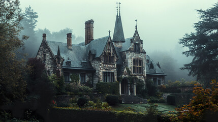 Gothic revival house with tall spires and vines in foggy setting