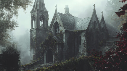 Gothic revival house with tall spires and vines in foggy atmosphere