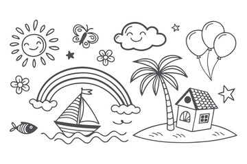 Obraz premium Hand drawn tropical tree and beach vector illustration set for summer vacation and travel designs